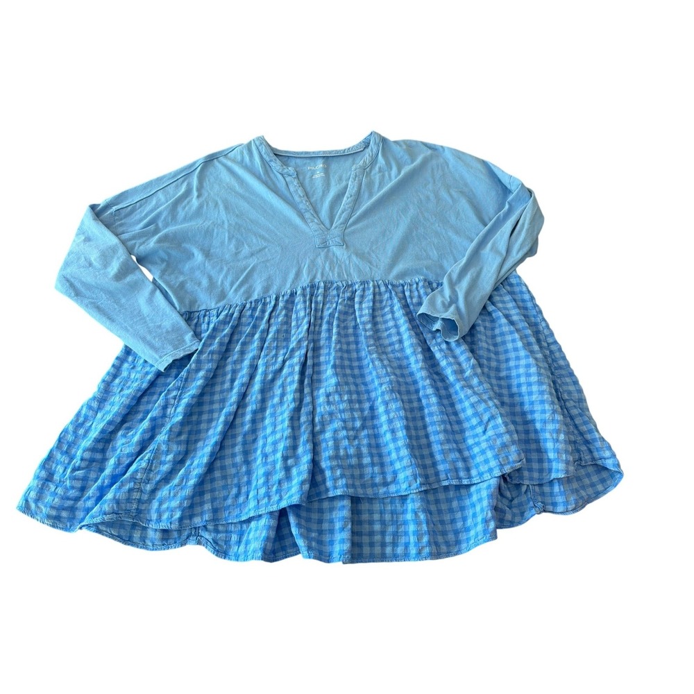 Pilcro Anthropologie Blue Gingham Peplum Long Sleeve Top‎ M